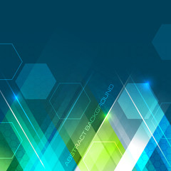 Fototapete - Vector abstract background. Shining lines and hexagonal elements.