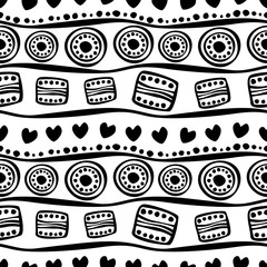 Wall Mural - Seamless vector decorative hand drawn pattern. Black and white geometric endless background with ornamental decorative elements with ethnic, traditional motives.