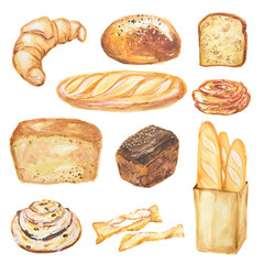 Watercolor bread set. Different kinds of bread as baguette, loaf, cake. Protein and whole grain nutrition.