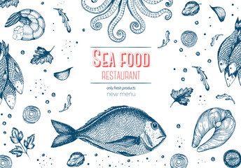 Vintage sea food frame vector illustration. Hand drawn with ink. Vintage design template.