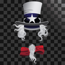 Uncle Sam Hat With Hair Beard And Bow Tie. EPS 10 Vector.