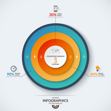 Infographic Diagram Template With Concentric Circles. Vector Banner With 3 Options- 30, 60 And 90 Percent. Can Be Used For Web Design, Presentation, Graph, Chart, Report, Data Visualization