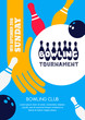 Vector bowling tournament banner, poster or flyer design template. Flat layout background with bowling ball in hand, pins and hand drawn lettering. Abstract illustration of bowling game.