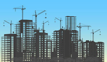 Poster - Building city under construction website process with tower cranes silhouette. Constructions infographics template concept.