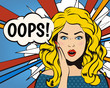 Oops Woman! Oops face. Surprised woman. Pop art girl. Ooops emotion. Comic woman. Oops concept illustration. Shocked woman with open mouth. Surprised face. Panic stress comic girl. Oops speech bubble.