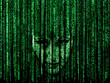 Woman face in green matrix background, computer code with symbols and characters.