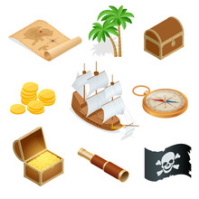 Isometric Pirate Accessories Flat Icons. Collection With Wooden Treasure Chest And Black Jolly Roger Flag. Vector Illustration