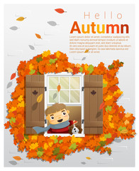 Wall Mural - Hello autumn background with little boy , vector , illustration