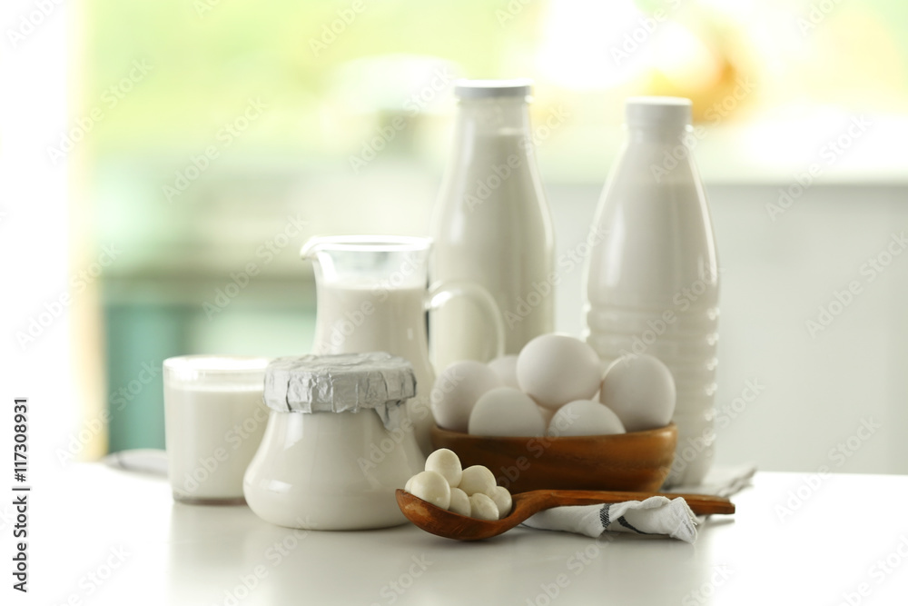 Dairy products on kitchen table