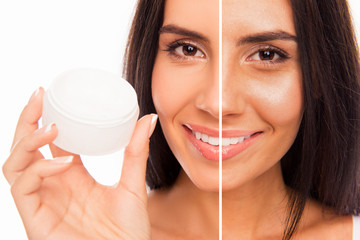 Canvas Print - Close-up photo of woman's face skin before apply cream and after