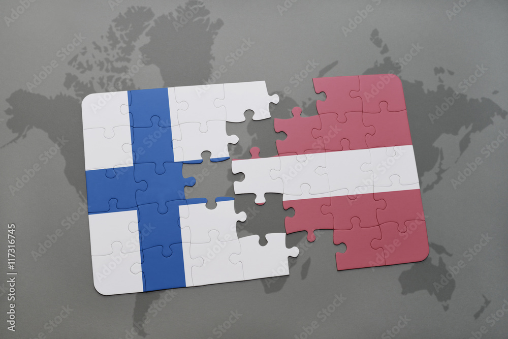 puzzle with the national flag of finland and latvia on a world map ...