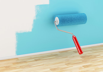 3d Paint roller painting wall with colour blue.