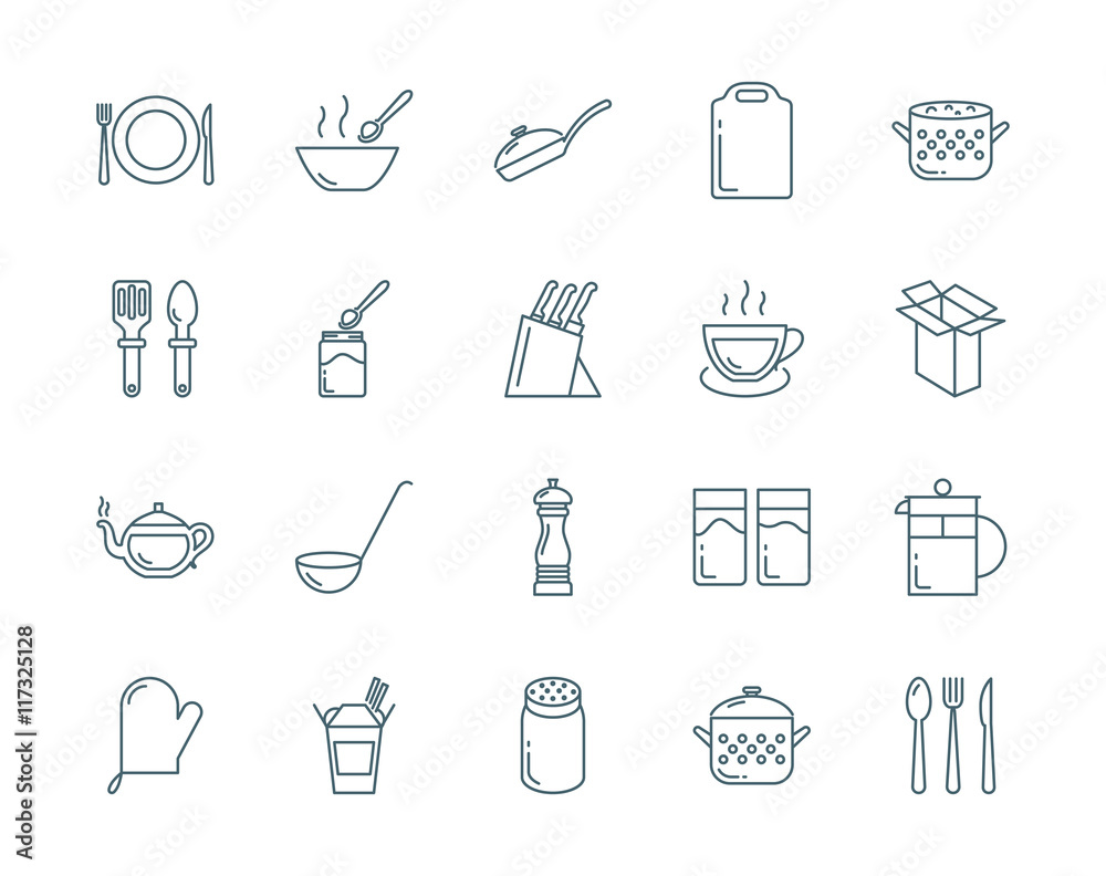 Kitchenware and utensil vector icons set modern line style Stock Vector ...