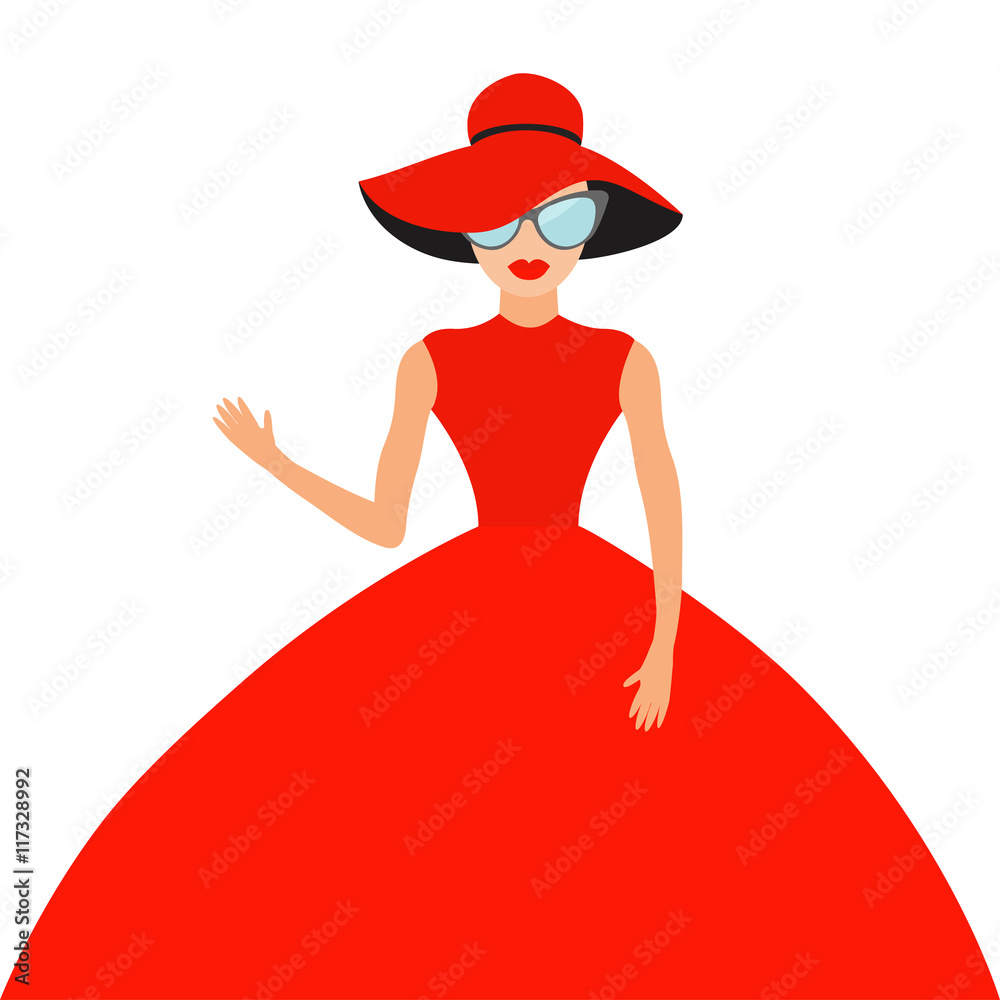 Woman in red elegant hat and big dress, sunglasses waving. Rich beautiful celebrity girl. Beauty fashion model face lips. People Cute cartoon character Flat White background Isolated Stock Vector | Adobe Stock Woman in red elegant hat and big dress, sunglasses waving. Rich beautiful celebrity girl. Beauty fashion model face lips. People Cute cartoon character Flat White background Isolated Stock Vector | Adobe Stock