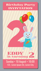 Sticker - Birthday anniversary party invitation card with cute rabbit vector template 2 years old