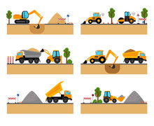 Building Site Machinery Vector Illustration. Loader And Excavator, Digger And Dumper
