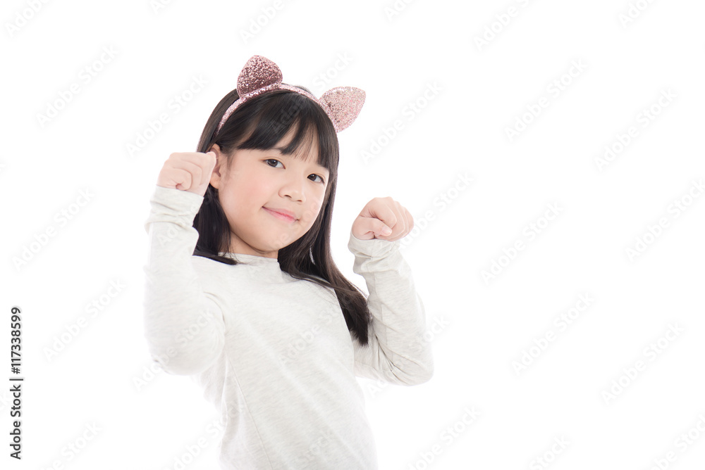 Portrait of beautiful Asian girl with cat ears on white background ...