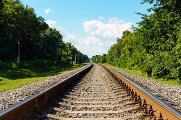 The railway goes to horizon, on both sides of the green dense forest.