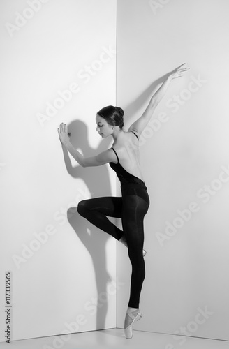 Ballerina in black outfit posing on pointe shoes, studio background Plakát