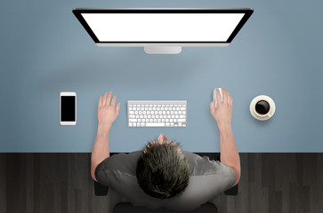 Aufkleber - Top view of clean designer desk. Beside is smart phone and a cup of coffee.