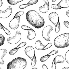 Potato chips vector seamless pattern. Hand drawn food background