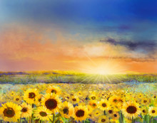 Sunflower Flower Blossom.Oil Painting Of A Rural Sunset Landscape With A Golden Sunflower Field. Warm Light Of The Sunset And Hill Color In Orange And Blue Color At The Background. 