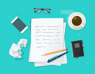 Poster - writer create content on workplace vector illustration isolated on blue background, flat cartoon pap