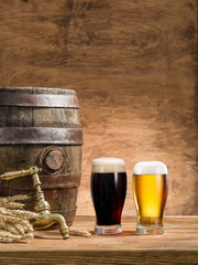 Sticker - Glasses of  beer and ale barrel on the wooden table. Craft brewe