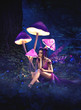 © kharchenkoirina - Fantastic photo shoot. Fairy sitting under huge mushrooms. Background fairy forest, scenery shine. The unusual fairy-tale image, purple dress and torn wings. Fashionable toning.
