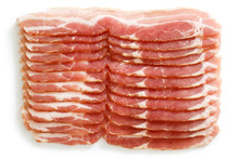 Many Strips Of Streaky Uncooked Bacon Isolated On White From Above.