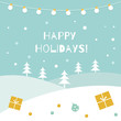 Happy Holidays Winter Background. Garland of Lights and Snow Landscape