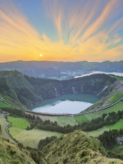 Wall Mural - Mountain landscape with hiking trail and view of beautiful lakes, Ponta Delgada, Sao Miguel Island, Azores, Portugal