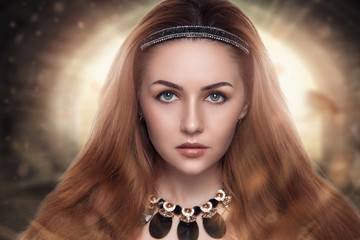 girl close-up beauty portrait, professional make up, long volume orange brown hair, newcomer from th