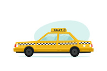 Cartoon Yellow Taxi Icon. Isolated Objects On White Background In Flat Cartoon Style. Vector Illustration.