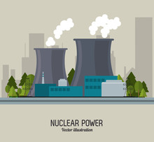 Nuclear Plant Power Trees Industry Building Chimney Icon. Flat And Colorfull Illustration. Vector Graphic