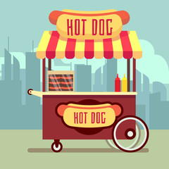 Canvas Print - Street food vending cart with hot dogs vector illustration