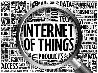 Poster - internet of things (iot) word cloud with magnifying glass, business concept 3d illustration