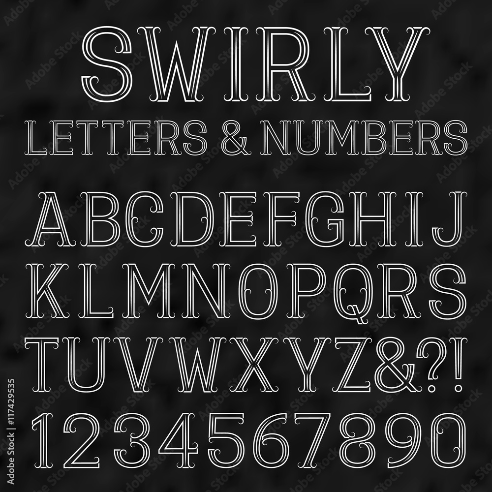 Swirly font. White capital letters and numbers of lines on a black ...