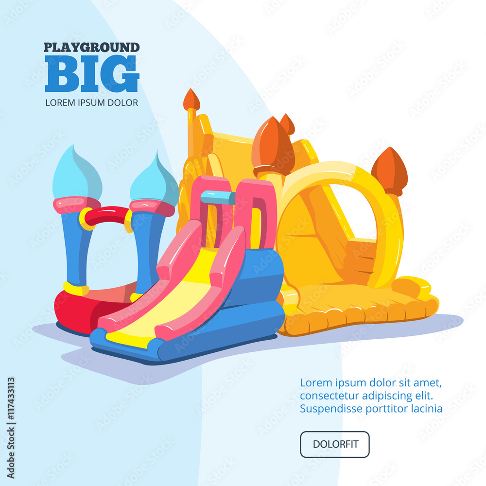 Vector illustration of inflatable castles and children hills on playground - obrazy, fototapety, plakaty 