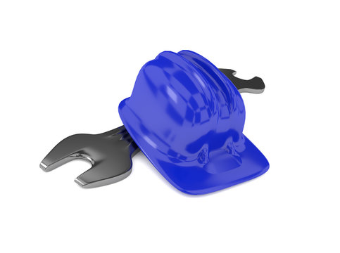 Service concept helmet with a wrench, 3d rendering