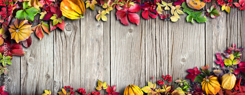 Thanksgiving Banner - Colorful Autumnal Leaves On Vintage Wood