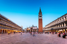 San Marco Square With Campanile And Saint Mark's Basilica At Dusk. The Main Square Of The Old Town. Venice, Italy.