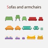 Fototapeta Pokój dzieciecy - Vector Icon set of sofas and armchairs in flat style with shadow isolated on a white background