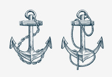 Vector Hand Drawn Nautical Anchor. Vintage Sketch Element Ship, Travel