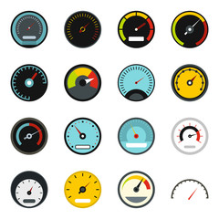 Poster - Flat speedometer icons set. Universal speedometer icons to use for web and mobile UI, set of basic speedometer elements isolated vector illustration