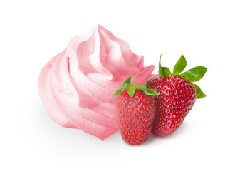 Wall Mural - Pink  whipped cream isolated on a white background with strawberries. With clipping path. Front view.