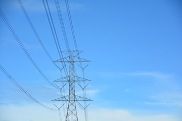 electric pole / Power pole voltage lines and the blue sky