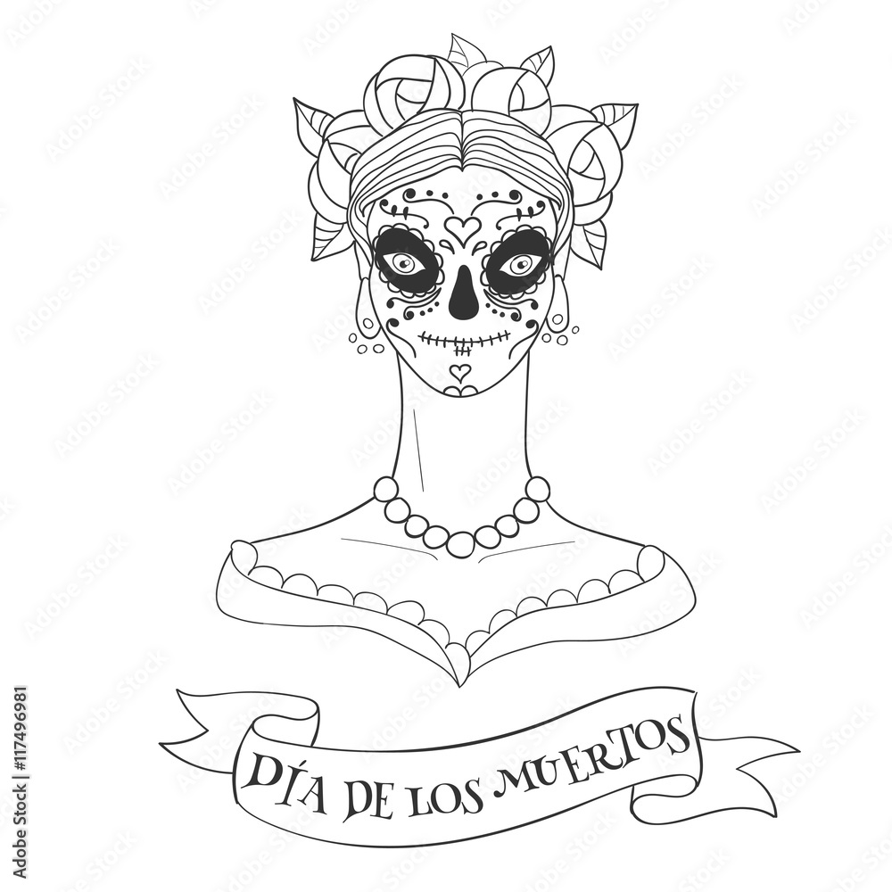 Sugar skull woman. Dia de los Muertos (the Day of the Dead) template ...