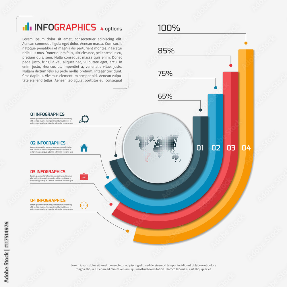 Circle infographic template with 4 options. Growing bar chart template ...