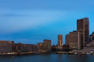 Poster - Cityscape at dusk, blue hour. Circular Quay skyscrapers and hotels with ferries in the bay in the evening. Sydney, Australia